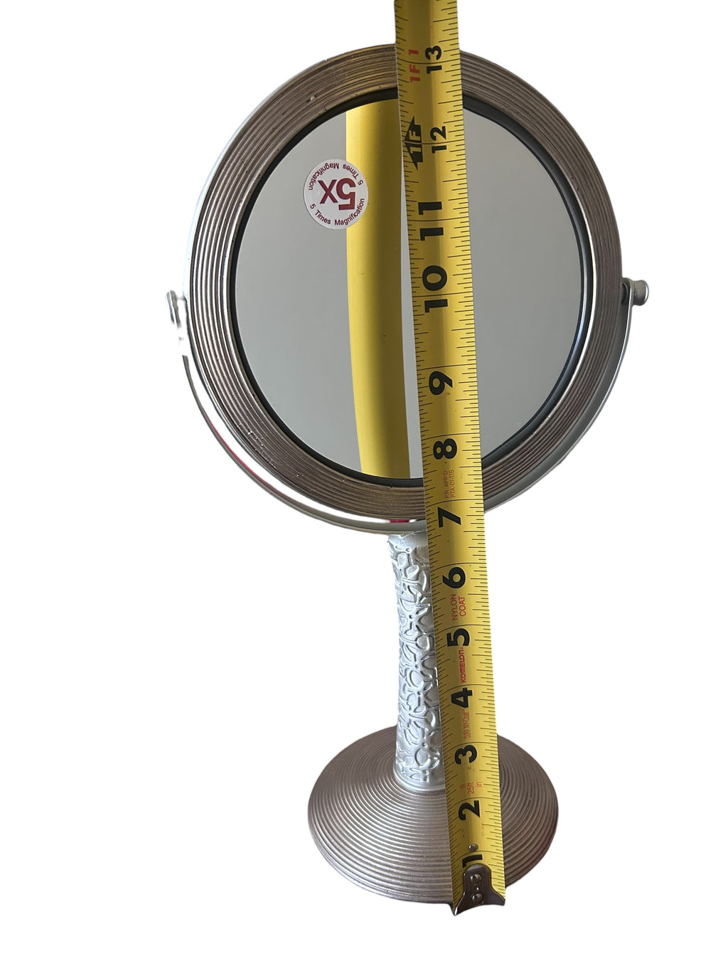 Makeup mirror. 2 sided. 1x/5x magnification. 13 inch tall. Metal/Silver tone