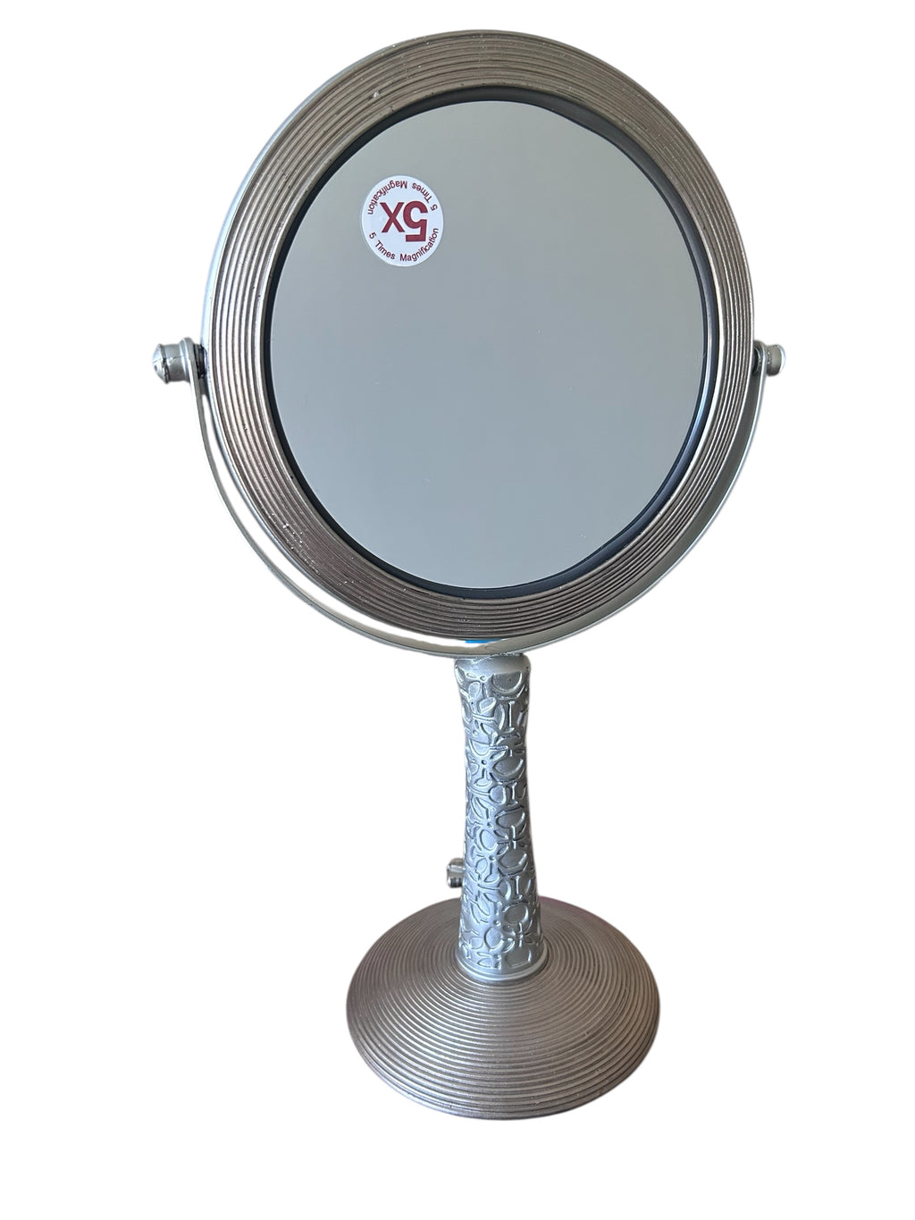Makeup mirror. 2 sided. 1x/5x magnification. 13 inch tall. Metal/Silver tone