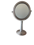 Makeup mirror. 2 sided. 1x/5x magnification. 13 inch tall. Metal/Silver tone