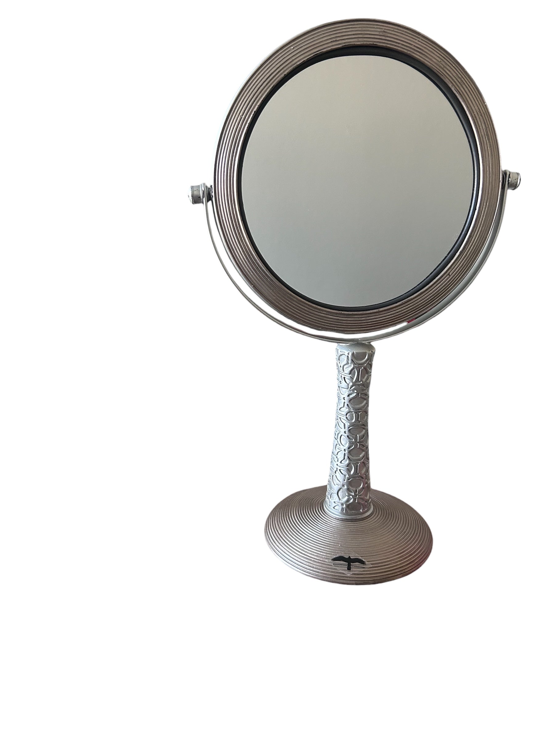Makeup mirror. 2 sided. 1x/5x magnification. 13 inch tall. Metal/Silver tone