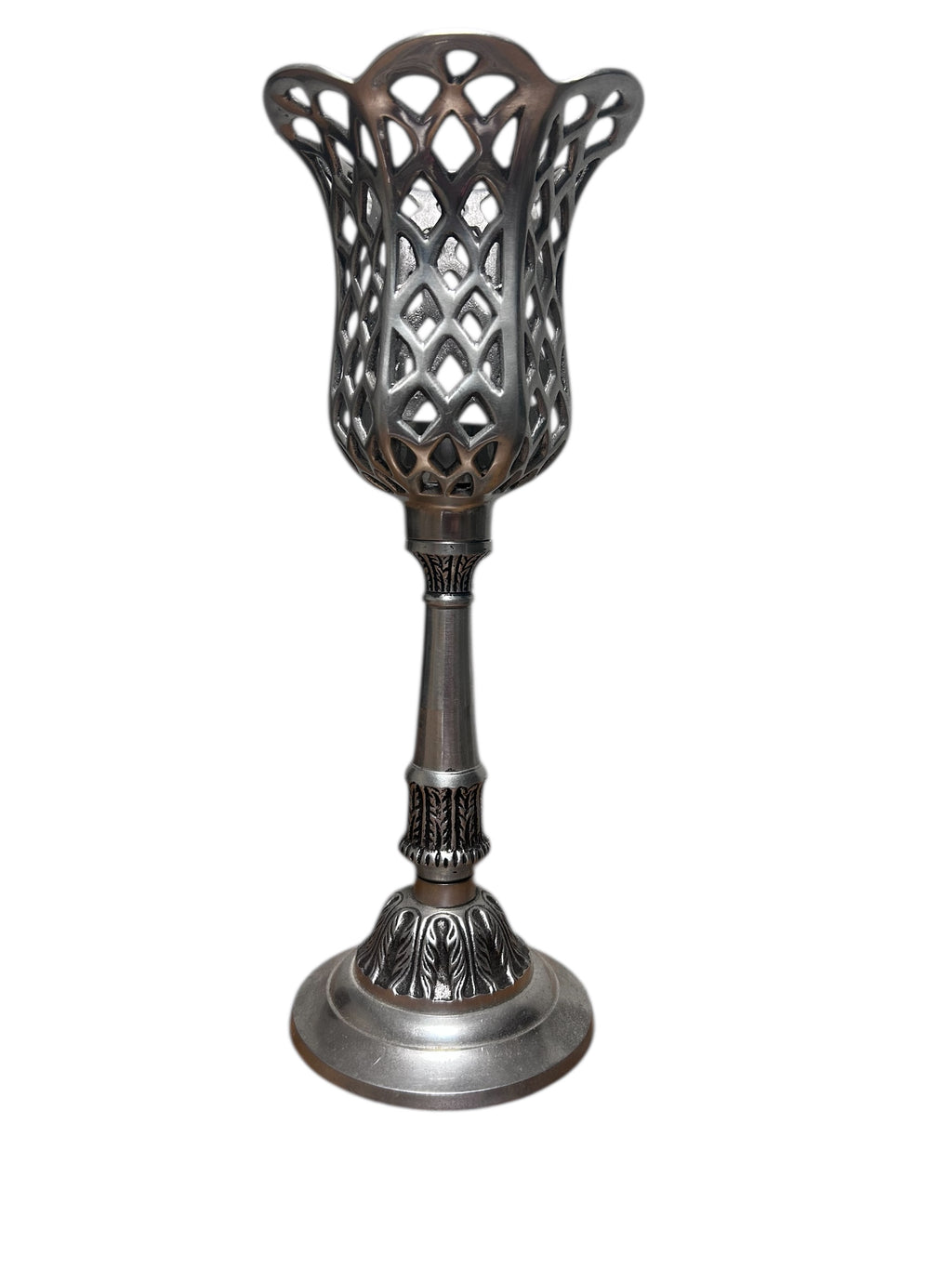14.5 inch tall metal tea light candle holder. Silver tone.