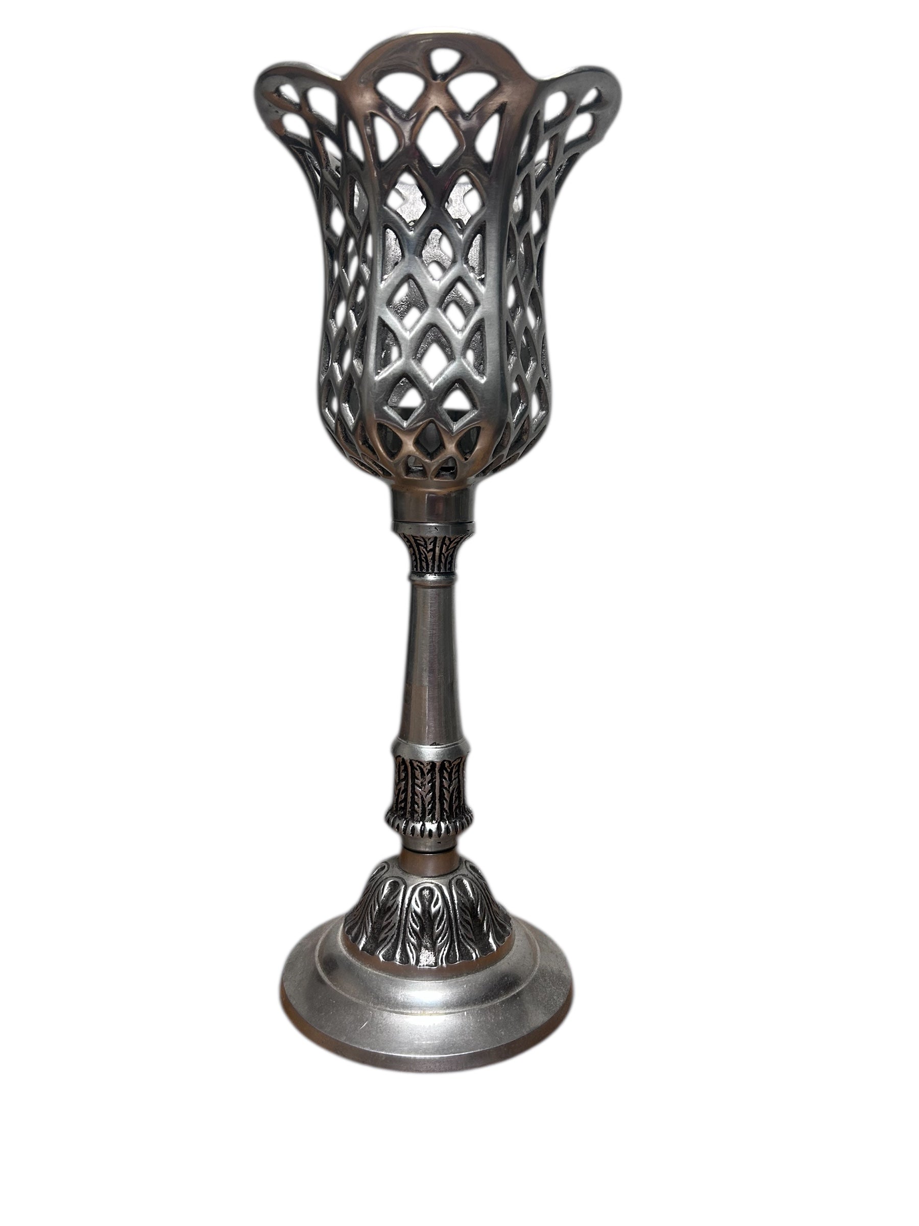14.5 inch tall metal tea light candle holder. Silver tone.