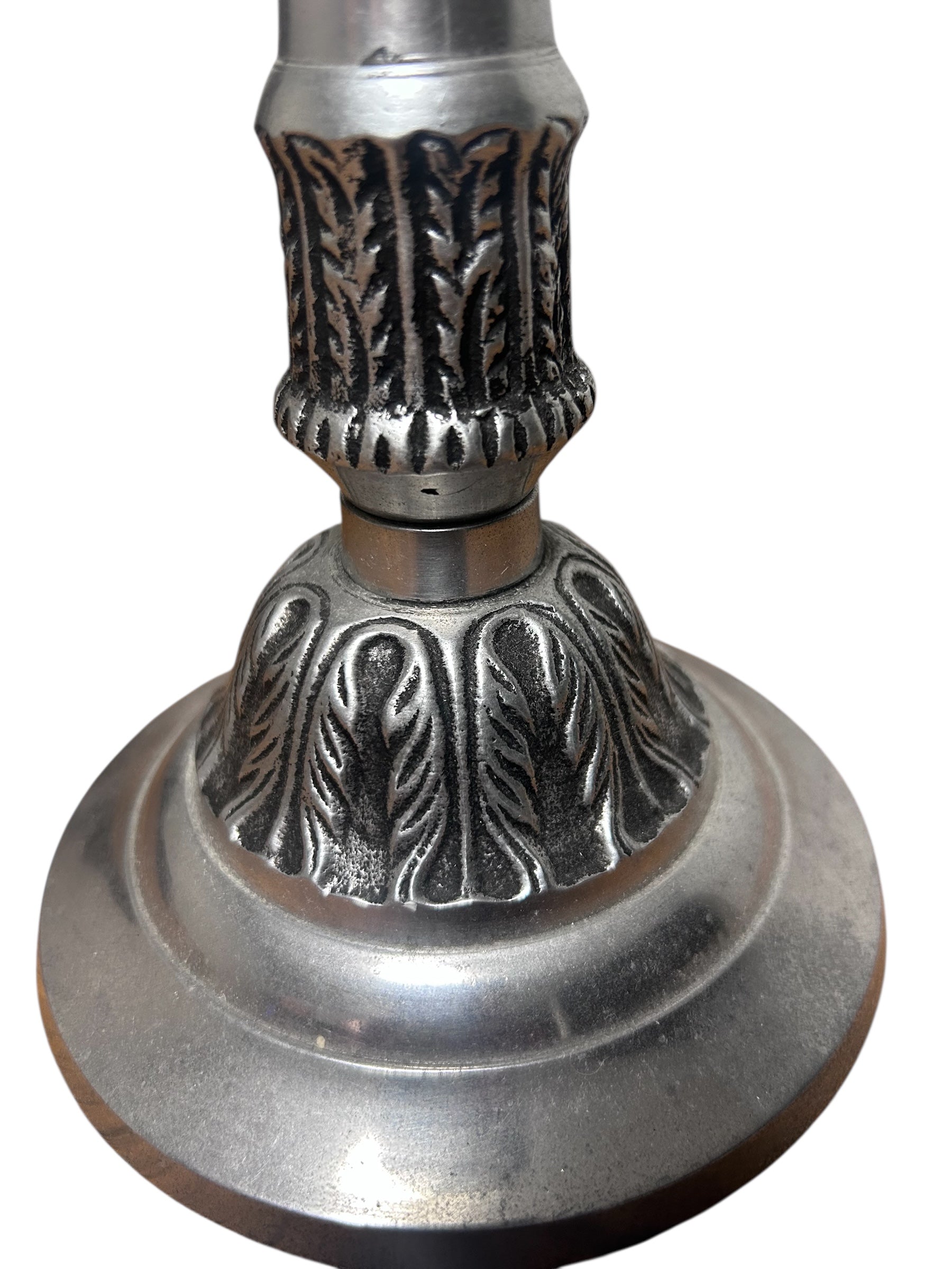 14.5 inch tall metal tea light candle holder. Silver tone.