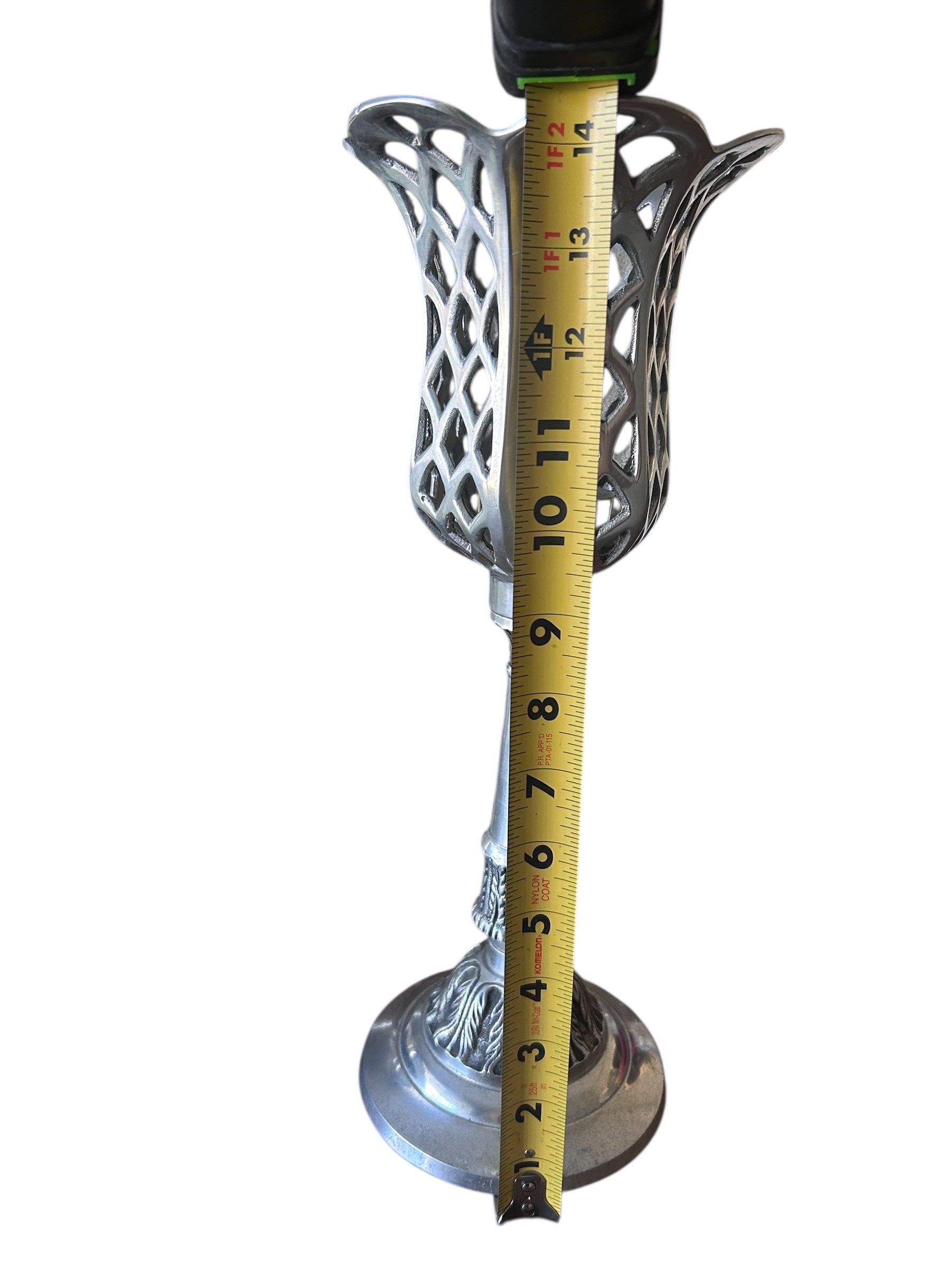 14.5 inch tall metal tea light candle holder. Silver tone.