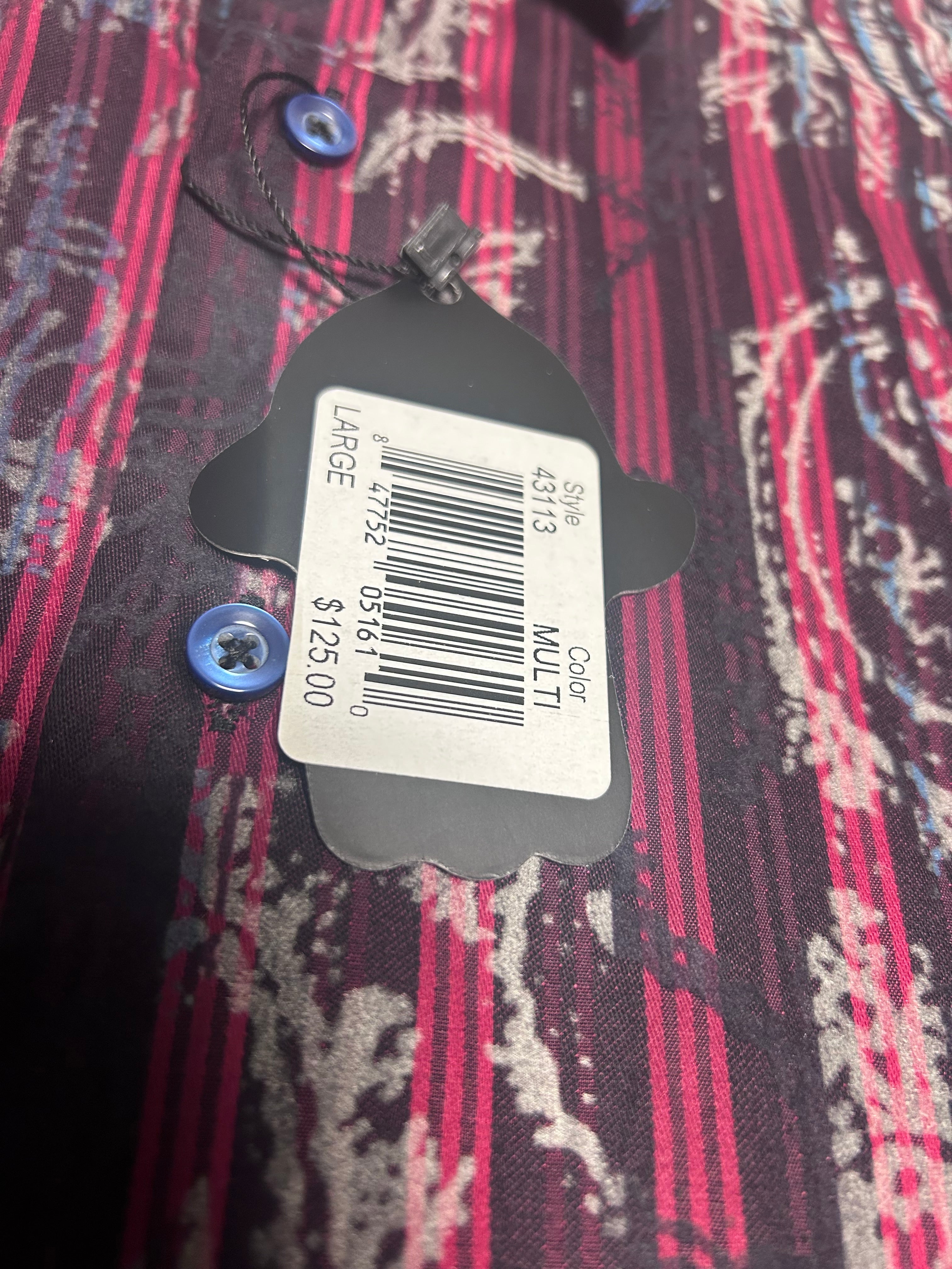 Luchiano Visconti Men's Black & Red Stripes Paisley Flocking Shirt- Size Large