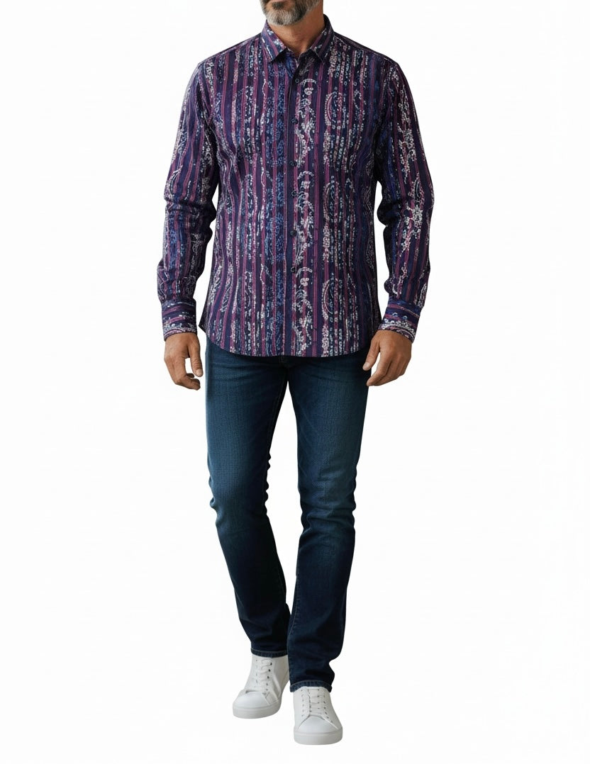 Luchiano Visconti Men's Black & Red Stripes Paisley Flocking Shirt- Size Large