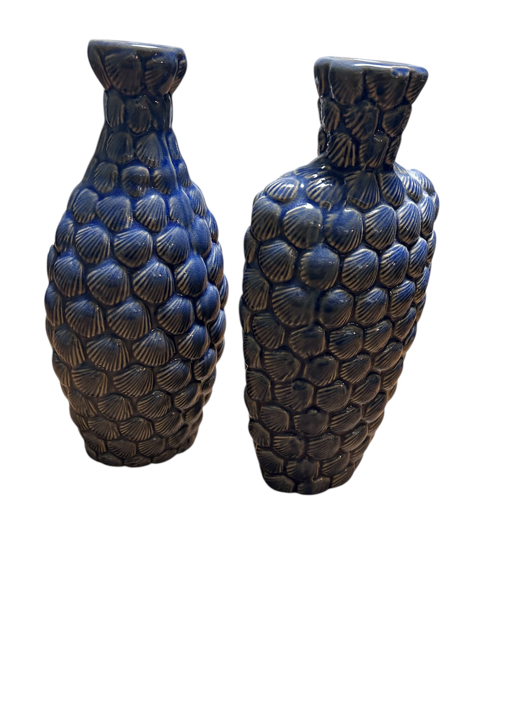 Vintage Blue Decorative Ceramic Vase set — Textured Shell Design Coastal Home Accent, Ocean-Inspired Glazed Pottery