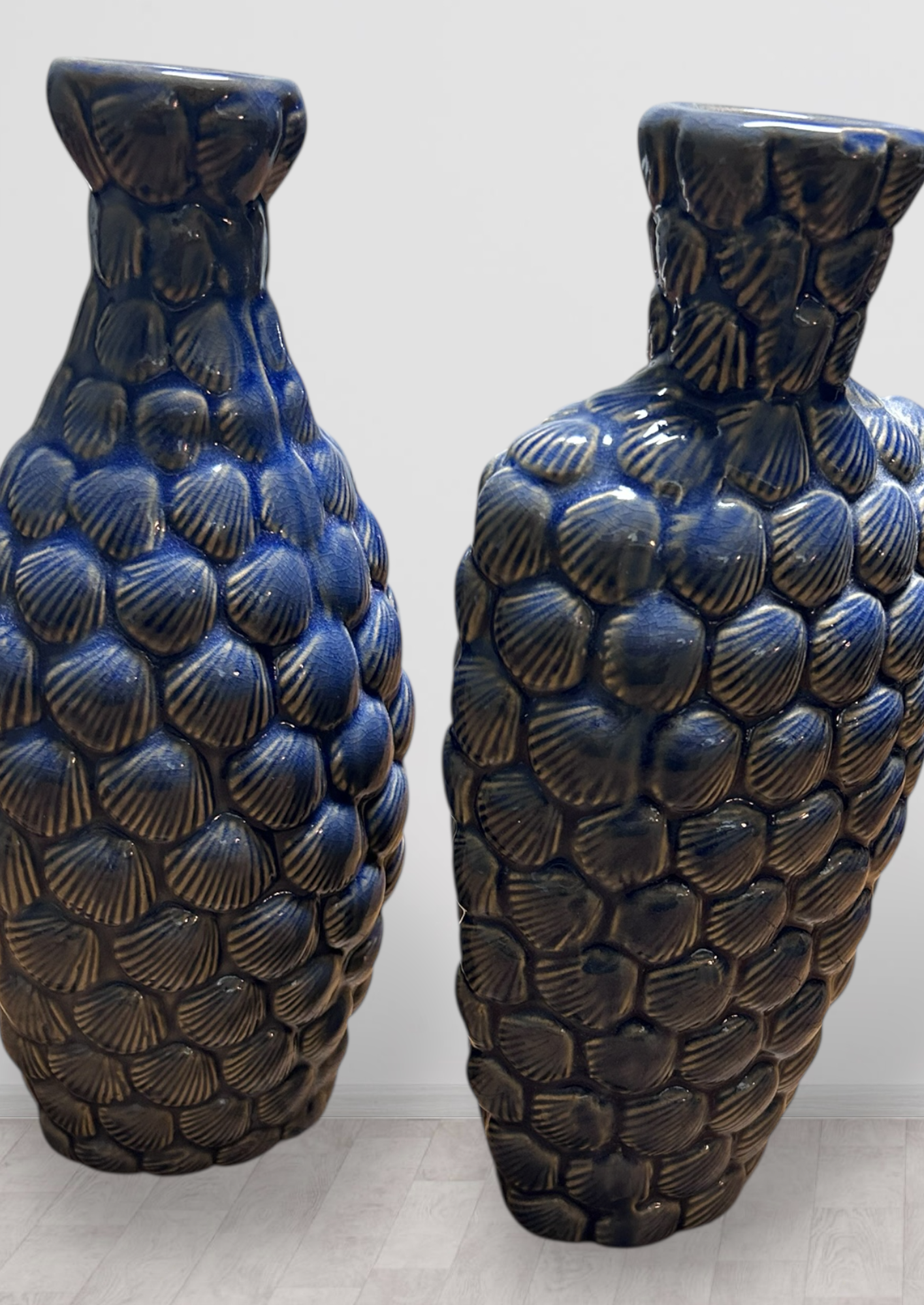 Vintage Blue Decorative Ceramic Vase set — Textured Shell Design Coastal Home Accent, Ocean-Inspired Glazed Pottery