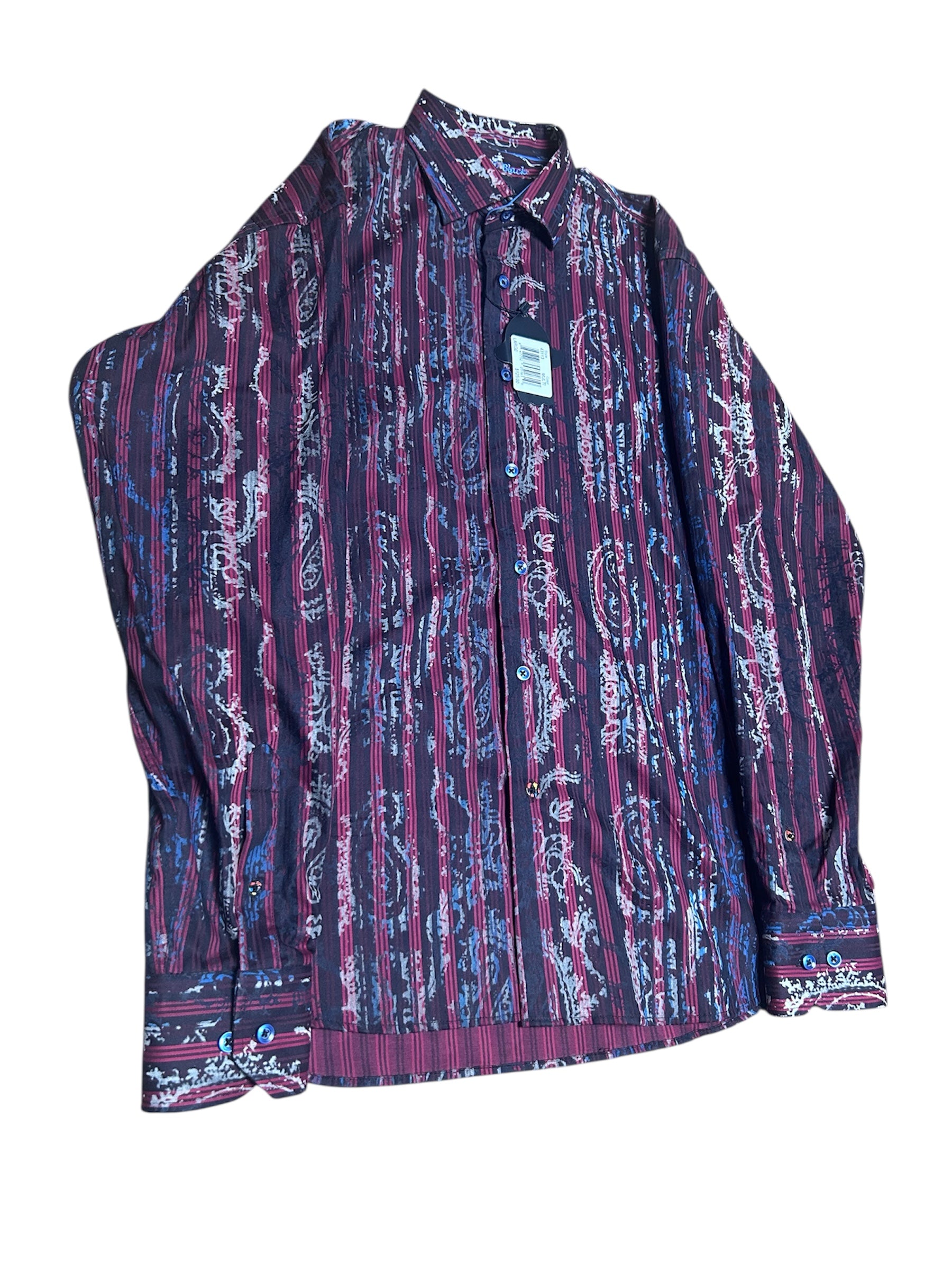 Luchiano Visconti Men's Black & Red Stripes Paisley Flocking Shirt- Size Large